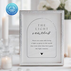 The Light Remains Funeral Sign, Printable Funeral Decoration, Celebration of Life Memorial Sign, Loss of Father, In Loving Memory PNG SGN32