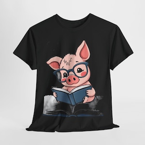 Cartoon Pig Reading Book with Glasses Clipart T-Shirt - Animal Lover Design, DIY Printable Tee for Kids - Ethically Made, Comfortable Unisex