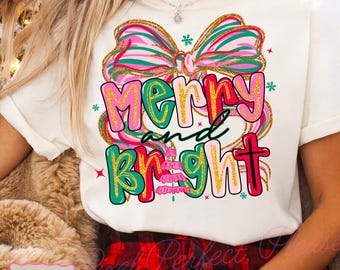 Coquette Merry and Bright Png, Preppy Christmas Bow Png,  Trendy Christmas Tree, Faux Glitter Christmas, Coquette Christmas Bow Png, Merry
