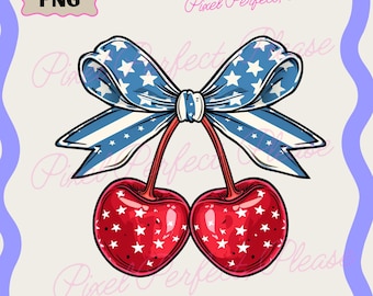 Cherries America Png, Cherry 4th of July Png, Coquette Bow Stars 4th of July png, Trendy 4th of July png, Coquette America Cherries Png