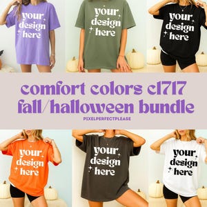 May include: Six t-shirts in a range of colours, such as purple, olive green, black, orange, charcoal, and white. Each shirt displays the text "your design here". The image also includes the text "comfort colors c1717 fall/halloween bundle".