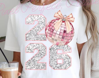 Pink Coquette New Year 2026 Png, 12 New Chapters, Disco Ball Png, New Year New Me PNG, Hello 2026 PNG, Retro New Years Png, Girly Bow Png