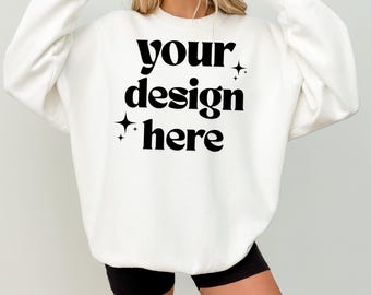 Maquete Gildan 18000 branca, maquete de moletom branco, maquete de moletom Gildan Crewneck, maquete de camisa branca neutra