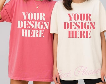 Couple Comfort Colors C1717 Mock-up Crunchberry Pink and Ivory Shirt Gildan 5000 Couple Mockup Bach Trip Shirts  Bachelorette Shirt Mockup