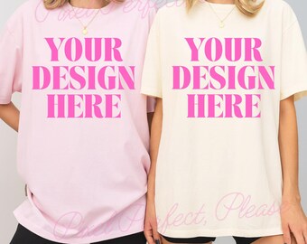 Couple Comfort Colors C1717 Mockuo Light Pink and Ivory Shirt Gildan 5000 Couple Mockup Bach Trip Shirts Mockup Bachelorette Shirt Mockup