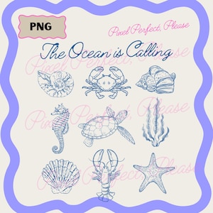 Puede incluir: Ilustración digital con criaturas marinas azules y blancas, incluyendo un cangrejo, un caballito de mar, una tortuga y una estrella de mar. El texto "The Ocean is Calling" se muestra en una fuente decorativa, con "Pixel Perfect, Please" en cursiva.