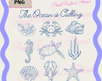 Ocean is Calling Png, Fisherman Aesthetic, Maritime Whimsical Clipart, Hand Drawn Ocean Png, Coastal Coquette Beach Png, Summer Drawn Png
