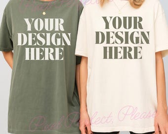 Couple Comfort Colors C1717 Mockup Moss Green and Ivory Shirt Gildan 5000 Couple Mockup Bach Trip Shirts Mockup Bachelorette Shirt Mockup