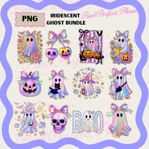Pacchetto PNG di fantasmi iridescenti, PNG di Halloween Coquette, PNG di Halloween da ragazza, PNG di fantasmi carini, PNG di zucca, PNG di Halloween al neon retrò, Stagione spettrale
