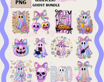 Paquete de fantasmas iridiscentes (PNG), coqueta de Halloween (PNG), femenina de Halloween (PNG), fantasma lindo (PNG), calabaza (PNG), neón retro de Halloween (PNG), temporada espeluznante