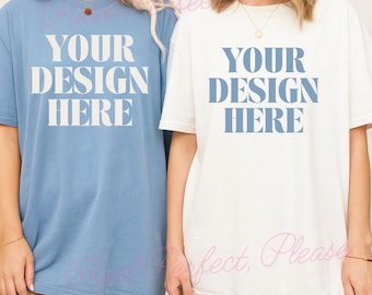 Couple Comfort Colors C1717 Mockup Denim and Ivory Shirt Gildan 5000 Couple Mockup Bach Trip Shirts Coastal Bachelorette Shirt Mockup