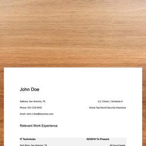 Peut inclure: Un curriculum vitae pour John Doe, technicien informatique ayant travaillé chez Tech Boys à San Antonio, Texas. Le CV indique ses coordonnées, son expérience professionnelle et son salaire.
