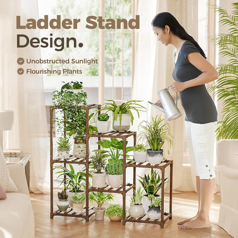 May include: A brown wooden ladder plant stand with multiple shelves, displaying various potted plants. The text "Ladder Stand Design" is at the top. A woman is watering the plants. The stand is designed for unobstructed sunlight and flourishing plants.