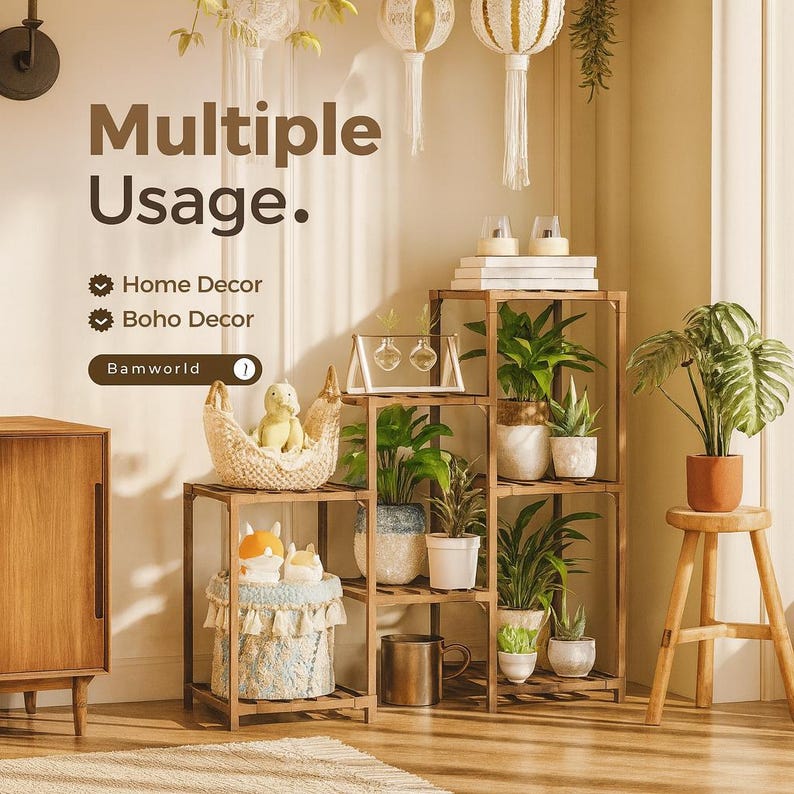 May include: A wooden plant stand with multiple shelves, displaying various potted plants. The stand is filled with greenery, and the text "Multiple Usage" is visible. The stand is suitable for home and boho decor.