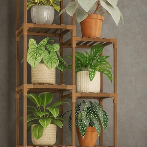 May include: A wooden plant stand with multiple shelves, each holding potted plants. The plants vary in size and type, with green and yellow foliage. The pots are in various colors and textures, including ceramic and woven baskets.
