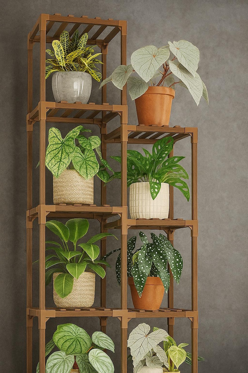 Pu&ograve; includere: Un portapiante in legno a pi&ugrave; livelli, ognuno con piante in vaso. Le piante presentano fogliame vario, verde e giallo. I vasi sono di diversi colori e texture, come ceramica e cesti intrecciati.