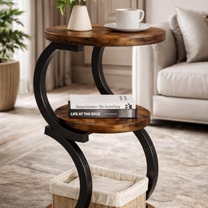 S-Shaped 3-Tier Round Side Table, Rustic Brown Wood Metal Nightstand Accent Sofa Table
