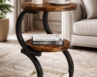 3-Tier Round Side Table, S-Shaped End Table with Storage Shelf, Rustic Brown Nightstand, Small Space Accent Table, Wood Metal Sofa Table