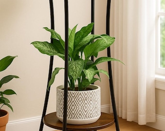 2-Tier Plant Stand, Round Wood Shelf, Modern Home Decor