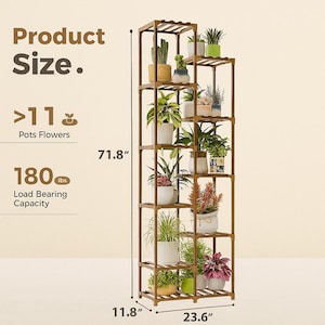 Pu&ograve; includere: Un portapiante in legno marrone a pi&ugrave; livelli, alto 182.4 cm, largo 60 cm e profondo 30 cm, che espone oltre 11 piante in vaso. Il supporto ha una capacit&agrave; di carico di 81.6 kg.