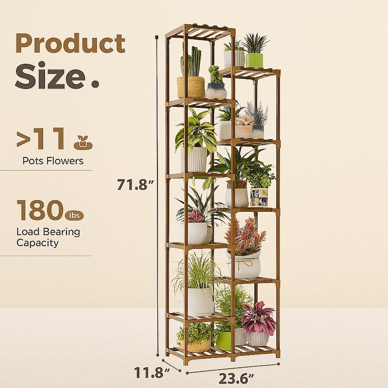Pu&ograve; includere: Un portapiante in legno marrone a pi&ugrave; livelli, alto 182.4 cm, largo 60 cm e profondo 30 cm, che espone oltre 11 piante in vaso. Il supporto ha una capacit&agrave; di carico di 81.6 kg.