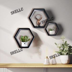 Set Of 3 Hexagon Shelves | Honeycomb Shelves | Floating Shelves | Wall Mounted Shelves | Crystal Display Shelves , Wood Hexagon Shelf