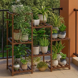 May include: A multi-tiered, dark brown wooden plant stand filled with various potted plants. The plants include succulents, ferns, and other greenery in decorative pots. The stand is on a tiled surface with a black railing and a brown wall in the background.