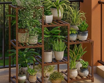 3-Tier Eucalyptus Wood Plant Stand: Boho Ladder Shelf