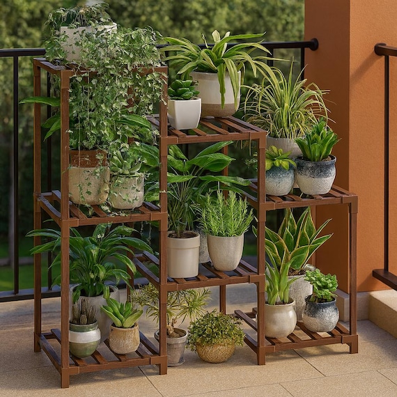 3-Tier Eucalyptus Wood Plant Stand: Boho Ladder Shelf