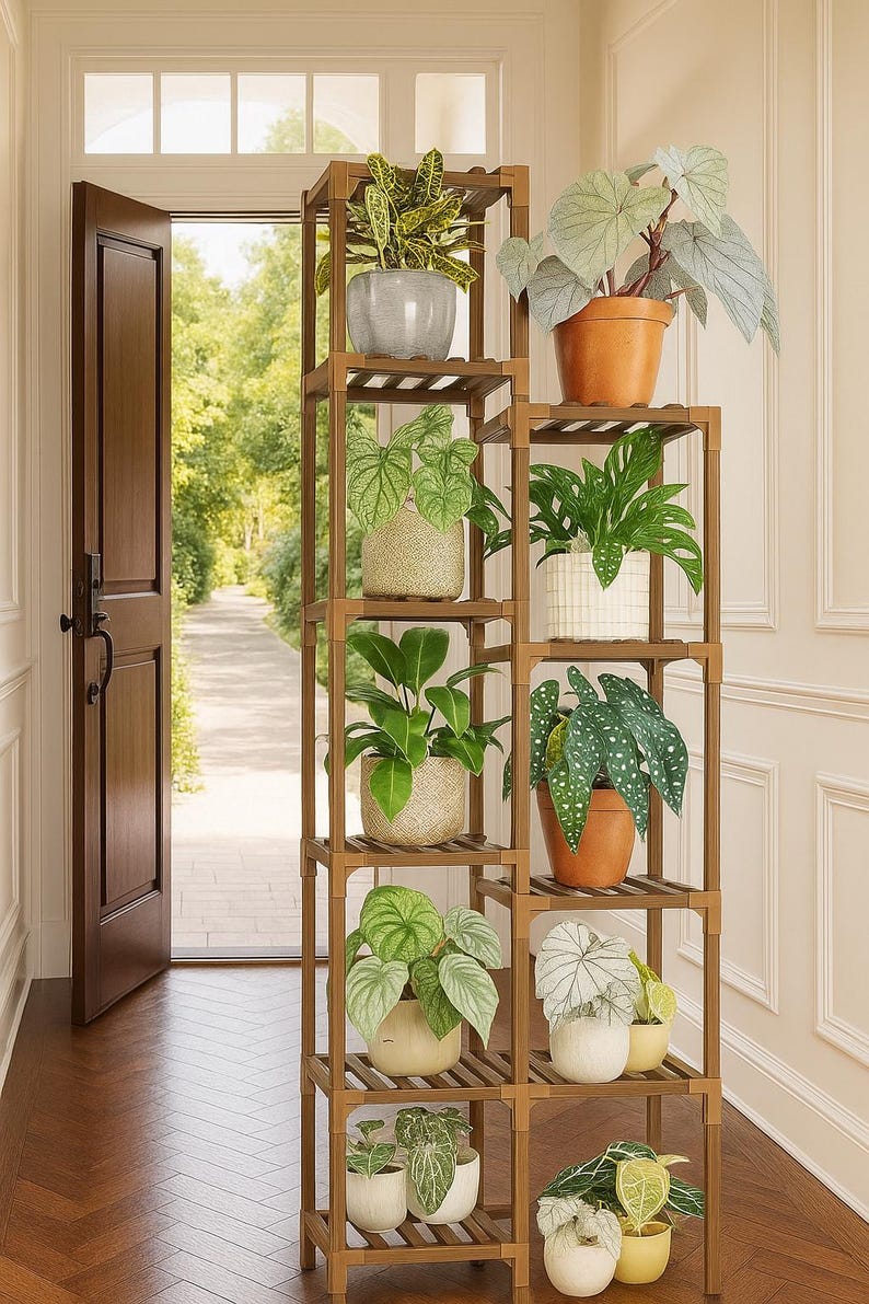 Pu&ograve; includere: Un portapiante in legno con pi&ugrave; ripiani, che espone varie piante in vaso. Il portapiante &egrave; realizzato in legno marrone chiaro e si trova vicino a una porta aperta. Le piante hanno un fogliame verde e sono in vasi di diversi colori.