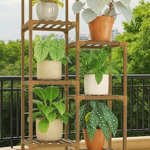 Pu&ograve; includere: Un portapiante in legno marrone a pi&ugrave; livelli, pieno di varie piante in vaso. Le piante hanno un fogliame verde e sono in vasi di diversi colori e consistenze. Il supporto &egrave; all'aperto, con uno sfondo verde.