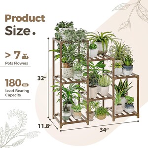May include: A multi-tiered wooden plant stand filled with various potted plants. The stand is brown, measures 32 inches high, 34 inches wide, and 11.8 inches deep. It can hold over 7 pots of flowers and has a load-bearing capacity of 180 lbs.