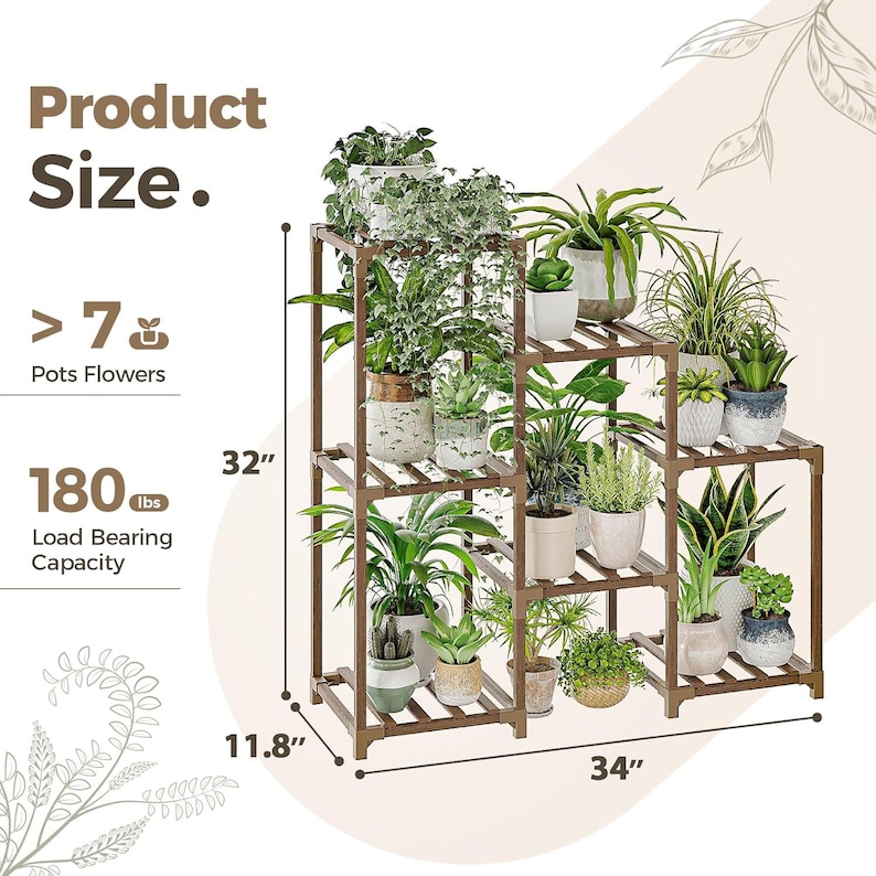 May include: A multi-tiered wooden plant stand filled with various potted plants. The stand is brown, measures 32 inches high, 34 inches wide, and 11.8 inches deep. It can hold over 7 pots of flowers and has a load-bearing capacity of 180 lbs.