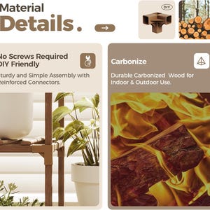 May include: Image showcasing material details for a DIY project. The text highlights "No Screws Required" and "Durable Carbonized Wood for Indoor & Outdoor Use." The image includes a close-up of a wooden shelf with plants and a close-up of burning wood.