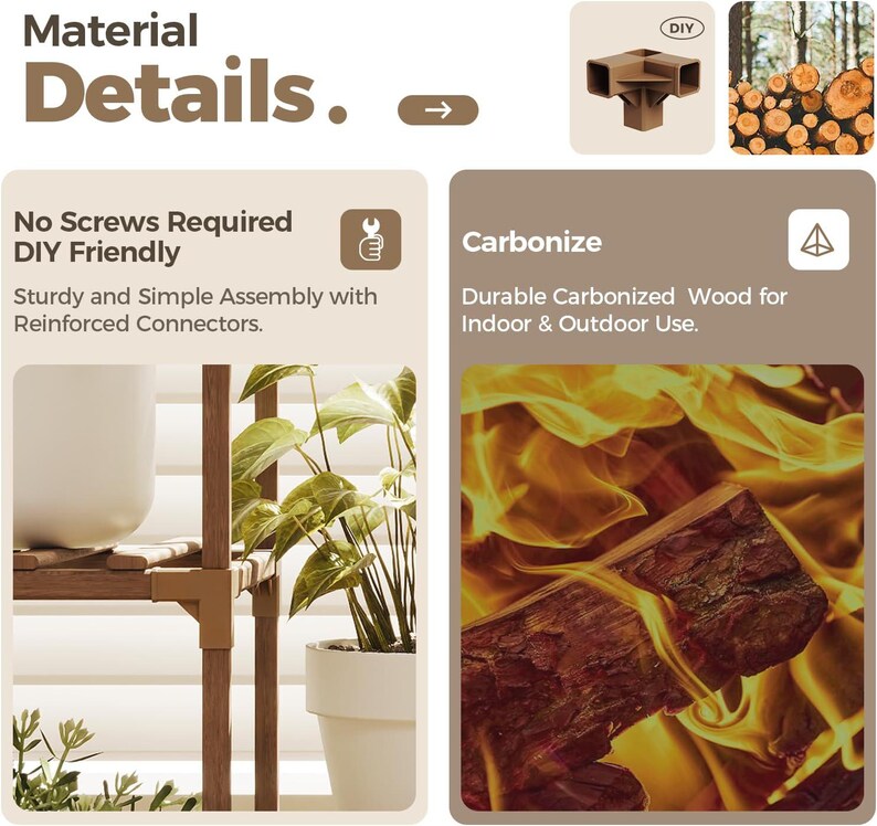 May include: Image showcasing material details for a DIY project. The text highlights "No Screws Required" and "Durable Carbonized Wood for Indoor & Outdoor Use." The image includes a close-up of a wooden shelf with plants and a close-up of burning wood.