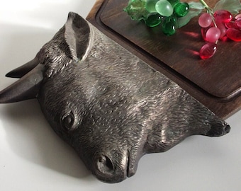 Vintage silver-tone metal bull wood charcuterie serving cutting board