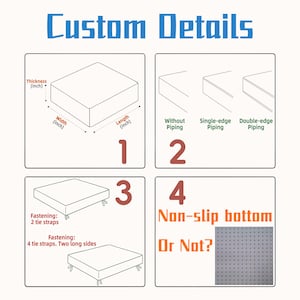 Op de afbeelding: Diagram met aangepaste productdetails. Opties voor dikte, breedte en lengte in inches. Toont biesstijlen: zonder, enkele rand en dubbele rand. Bevestigingsopties met strikbanden worden ook getoond. De tekst "Non-slip bottom Or Not?" is opgenomen.
