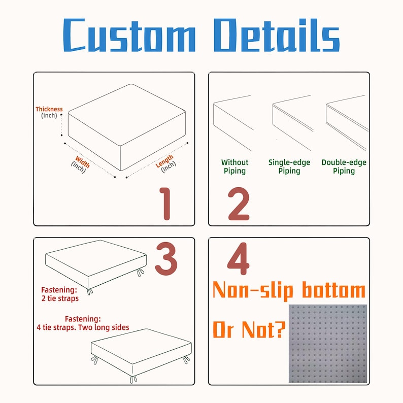 Op de afbeelding: Diagram met aangepaste productdetails. Opties voor dikte, breedte en lengte in inches. Toont biesstijlen: zonder, enkele rand en dubbele rand. Bevestigingsopties met strikbanden worden ook getoond. De tekst "Non-slip bottom Or Not?" is opgenomen.