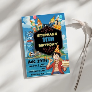 Invitación de fiesta de cumpleaños de anime One Piece editable en Canva