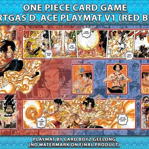 May include: A rectangular One Piece Card Game playmat featuring Portgas D. Ace. The design includes multiple manga panels with fire effects, character illustrations, and text reading ONE PIECE CARD GAME PORTGAS D. ACE PLAYMAT V1 (RED BLUE).