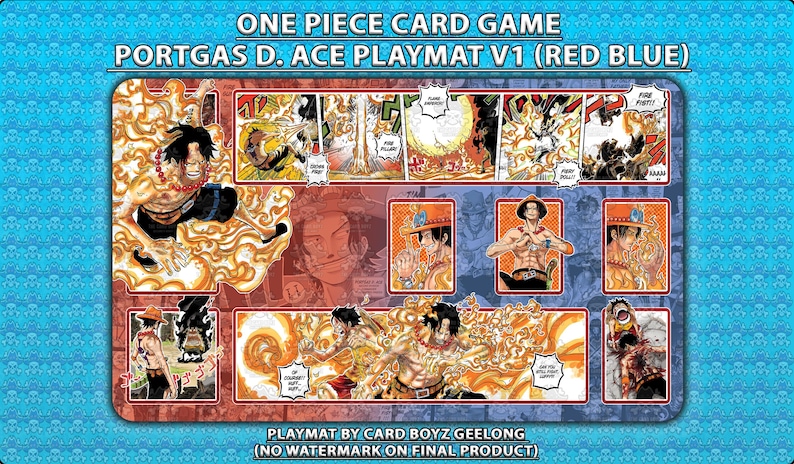 May include: A rectangular One Piece Card Game playmat featuring Portgas D. Ace. The design includes multiple manga panels with fire effects, character illustrations, and text reading ONE PIECE CARD GAME PORTGAS D. ACE PLAYMAT V1 (RED BLUE).