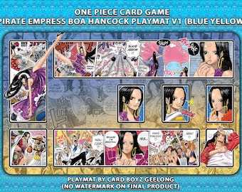 Puede incluir: Una alfombrilla de juego de cartas One Piece azul y amarilla con Boa Hancock. La alfombrilla de juego incluye paneles de estilo cómic y retratos de personajes. El texto en la alfombrilla dice "ONE PIECE CARD GAME PIRATE EMPRESS BOA HANCOCK PLAYMAT V1 (BLUE YELLOW)".