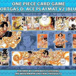May include: Blue playmat for the One Piece card game featuring Portgas D. Ace. The design includes comic-style panels and illustrations of Ace with fiery effects. The text "ONE PIECE CARD GAME PORTGAS D. ACE PLAYMAT V2 (BLUE)" is at the top.