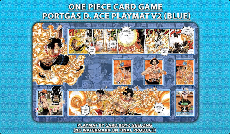 May include: Blue playmat for the One Piece card game featuring Portgas D. Ace. The design includes comic-style panels and illustrations of Ace with fiery effects. The text "ONE PIECE CARD GAME PORTGAS D. ACE PLAYMAT V2 (BLUE)" is at the top.