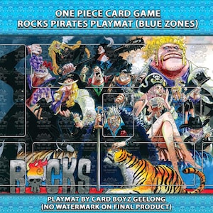 May include: A rectangular One Piece Card Game Rocks Pirates playmat featuring a blue border with a skull pattern. The center displays an illustration of the Rocks Pirates crew, a tiger, and the text ROCKS. It includes designated blue zone grid lines.
