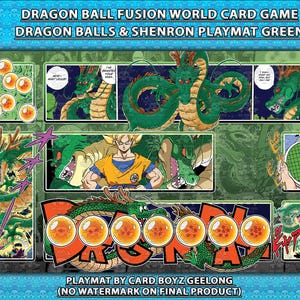 May include: A green Dragon Ball Fusion World card game playmat featuring Dragon Balls and Shenron. The playmat has a blue background and includes various Dragon Ball Z illustrations and text.