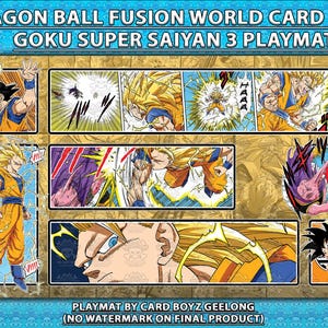 Puede incluir: Una alfombrilla de juego de cartas Dragon Ball Fusion World con Goku Super Saiyan 3. La alfombrilla tiene un borde dorado y un fondo azul. El diseño incluye varias escenas de acción e ilustraciones de personajes del anime.