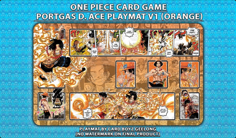 May include: Orange and brown playmat for the One Piece card game, featuring Portgas D. Ace. The playmat includes various illustrations of the character and the text "ONE PIECE CARD GAME PORTGAS D. ACE PLAYMAT V1 (ORANGE)".
