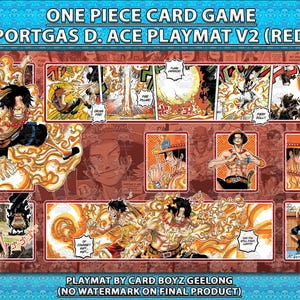 May include: A rectangular red playmat for the One Piece Card Game featuring Portgas D. Ace. The design includes multiple manga-style panels showing the character surrounded by orange flames, with text reading ONE PIECE CARD GAME PORTGAS D. ACE PLAYMAT V2 (RED).