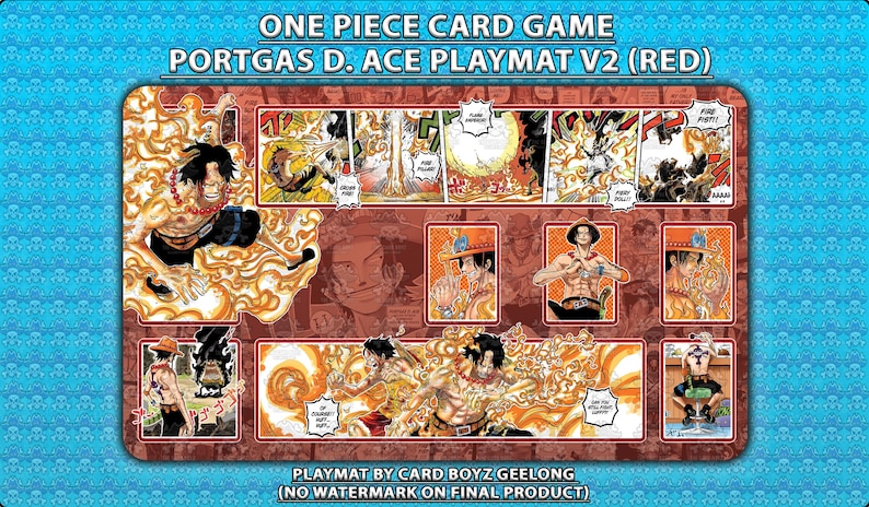 May include: A rectangular red playmat for the One Piece Card Game featuring Portgas D. Ace. The design includes multiple manga-style panels showing the character surrounded by orange flames, with text reading ONE PIECE CARD GAME PORTGAS D. ACE PLAYMAT V2 (RED).